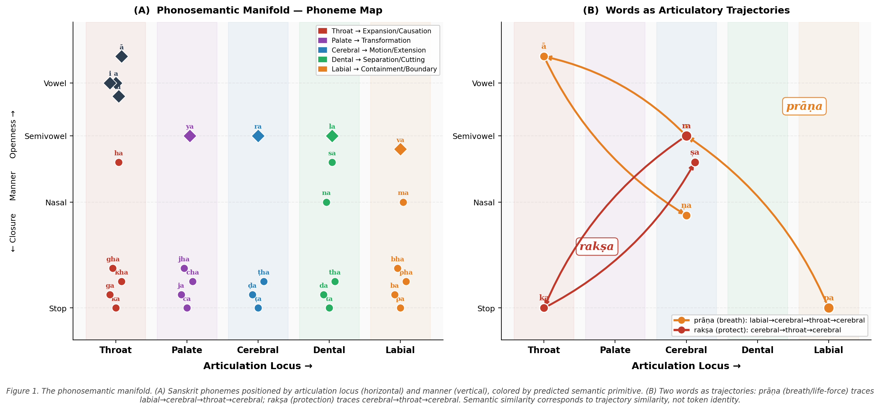 The phonosemantic manifold. (A) Sanskrit phonemes positioned by articulation locus (horizontal axis) and articulation manner (vertical axis), colored by predicted semantic primitive family. (B) Two words as articulatory trajectories: prāṇa (breath/life-force) traces labial \(\to\) cerebral \(\to\) throat \(\to\) cerebral; rakṣa (protection) traces cerebral \(\to\) throat \(\to\) cerebral. Semantic similarity in this framework corresponds to similarity of trajectory shape, not token identity. The phonosemantic coordinate system makes this geometry visible and measurable.